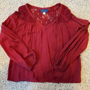 Women’s Long Sleeve Red Holiday Blouse Lace Puff Sleeve Shirt Size Medium